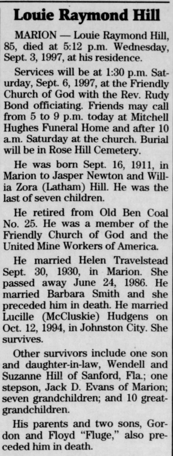Obituary for Louie Raymond Hill, 1911-1997 (Aged 85)